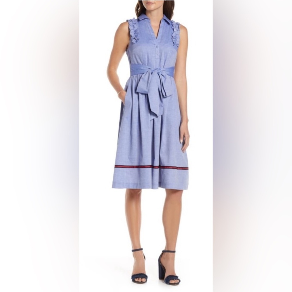 1901 Collection Ruffle Trim Shirt Dress - Blue, Size 10